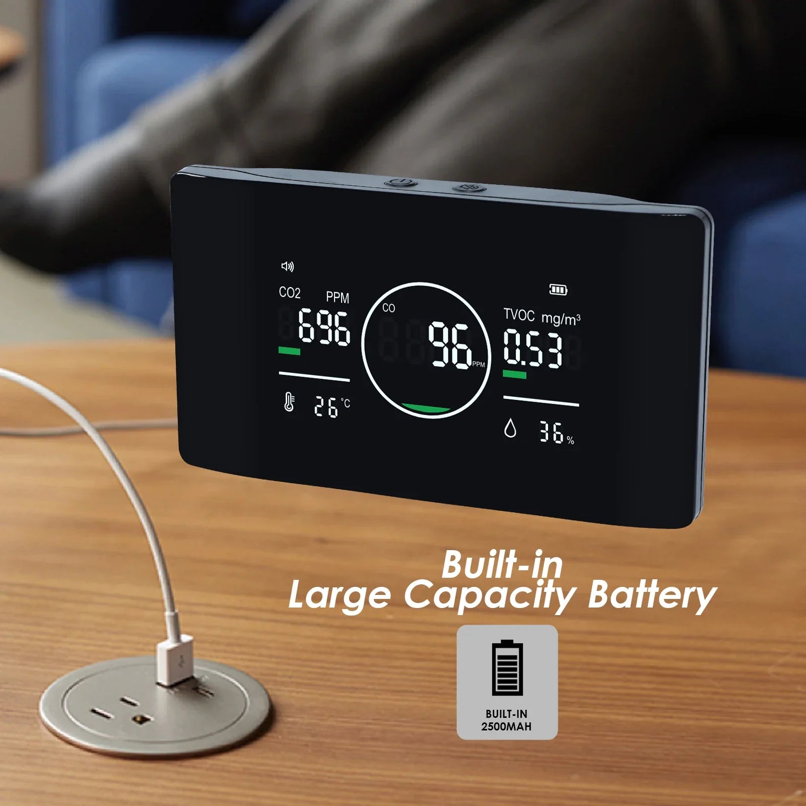 HKM-847507 5-in-1 Air Quality Monitor for CO, CO2, TVOC, Humidity, and Temperature Detection