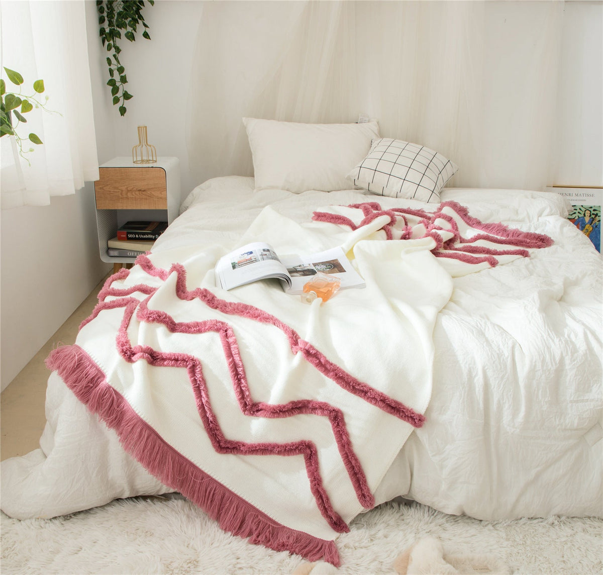 HKM-847635 Knitted Woolen Towel Blanket with Tassels for Home Decor in Nordic Style