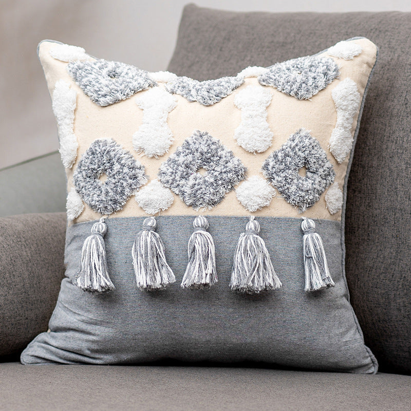 HKM-847699 Tufted Cotton and Linen Decorative Lumbar Pillow with Stripes and Tassels for Living Room