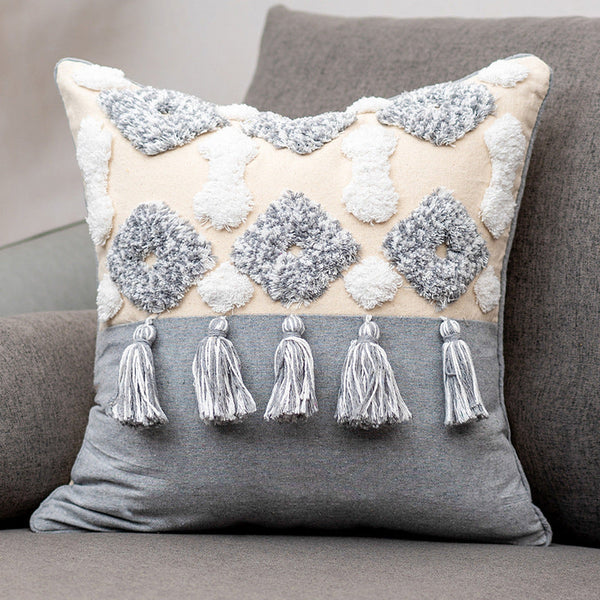 HKM-847699 Tufted Cotton and Linen Decorative Lumbar Pillow with Stripes and Tassels for Living Room