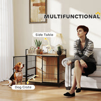 HKM-8480061 30-Inch Oak Dog Crate Side Table with Rotatable Bowls and Dual Anti-Escape Doors for Medium Pets