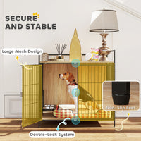 HKM-8480061 30-Inch Oak Dog Crate Side Table with Rotatable Bowls and Dual Anti-Escape Doors for Medium Pets