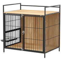 HKM-8480061 30-Inch Oak Dog Crate Side Table with Rotatable Bowls and Dual Anti-Escape Doors for Medium Pets