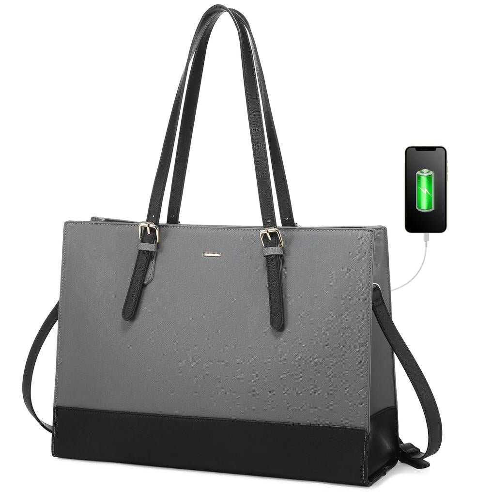 HKM-848019 Stylish PU Leather Laptop Tote for Women - 15.6 Inch Briefcase with USB Port