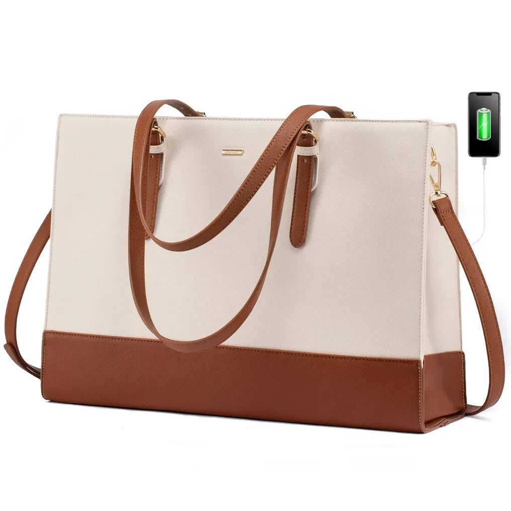 HKM-848019 Stylish PU Leather Laptop Tote for Women - 15.6 Inch Briefcase with USB Port