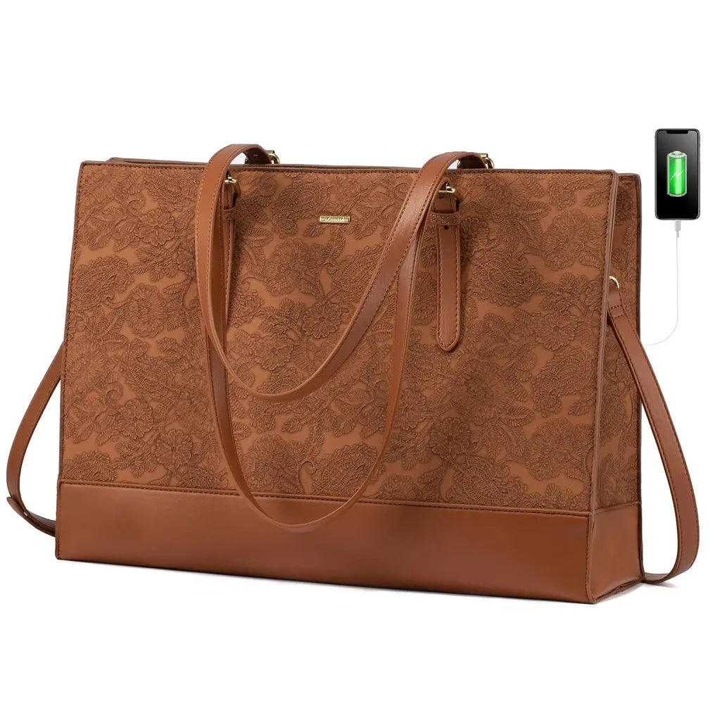 HKM-848019 Stylish PU Leather Laptop Tote for Women - 15.6 Inch Briefcase with USB Port
