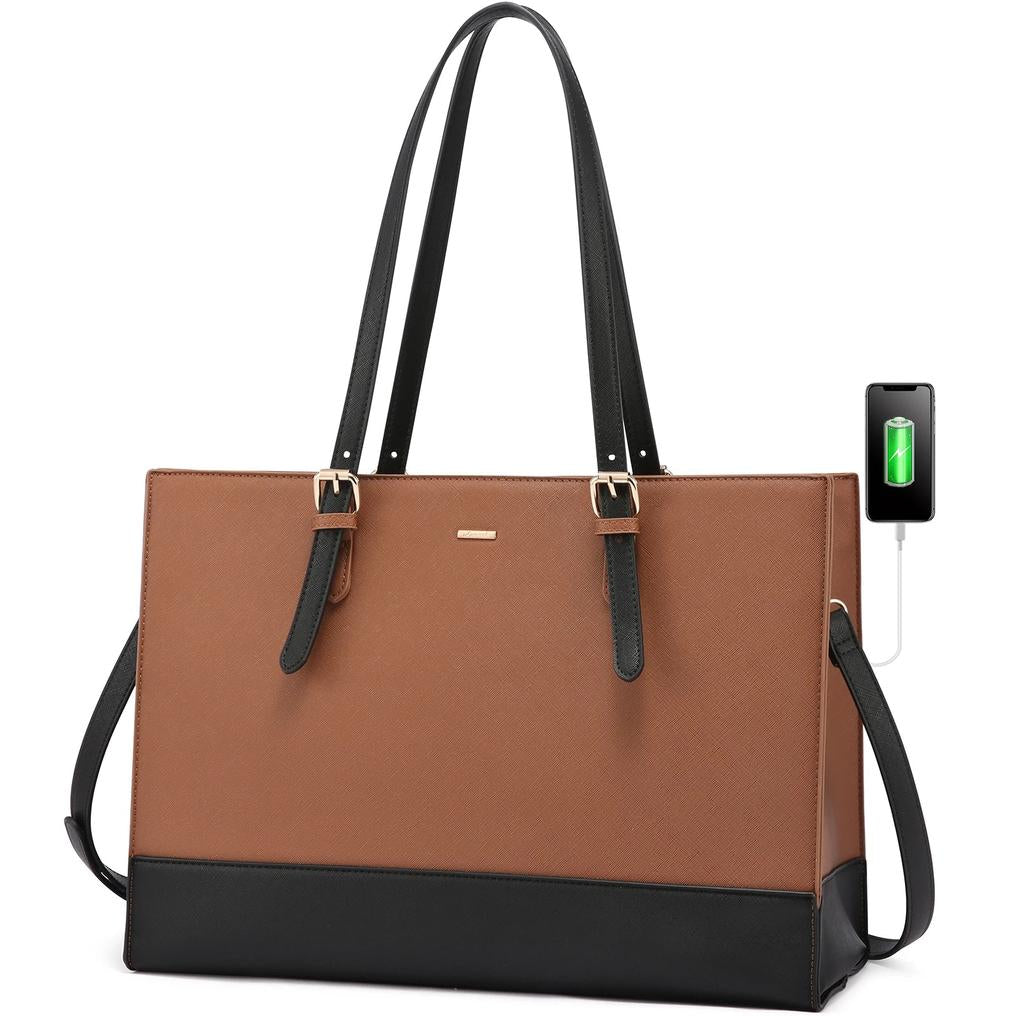 HKM-848019 Stylish PU Leather Laptop Tote for Women - 15.6 Inch Briefcase with USB Port