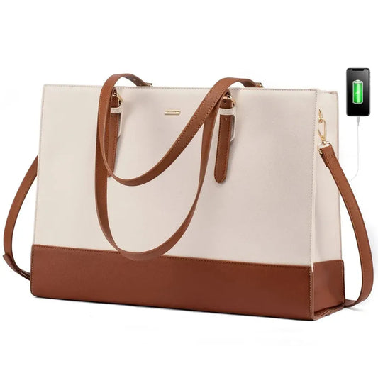 HKM-848019 Stylish PU Leather Laptop Tote for Women - 15.6 Inch Briefcase with USB Port