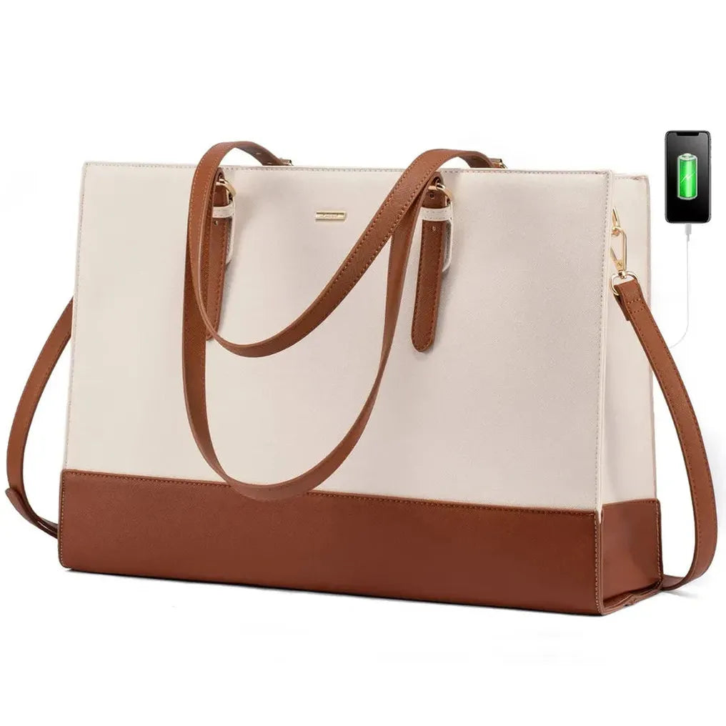 HKM-848019 Stylish PU Leather Laptop Tote for Women - 15.6 Inch Briefcase with USB Port
