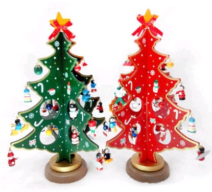 HKM-848083 Wooden Christmas Tree Desktop Decoration - Hand-Painted Red and Green Christmas Decor in Large, Medium, and Small Sizes