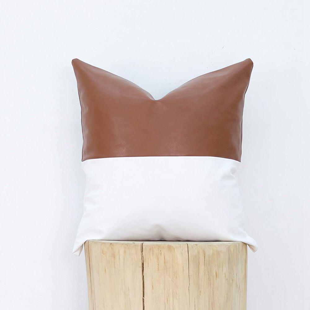HKM-848275 Simple Solid Color PU Leather Striped Patchwork Cushion Cover - 45x45cm