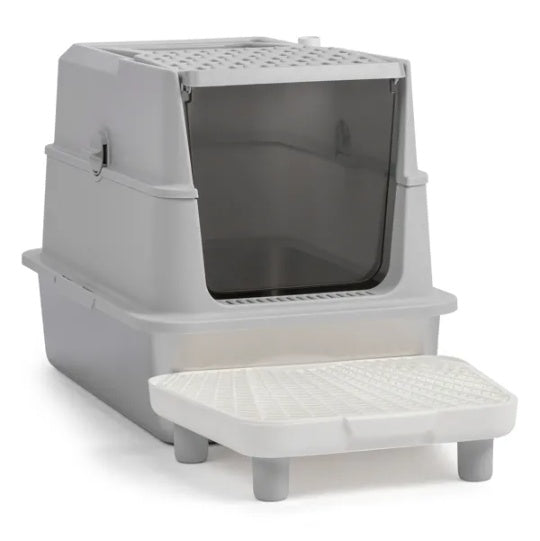 HKM-8485821 Extra Large Stainless Steel Covered Cat Litter Box with Lid, Litter Scoop, and Filter Pedal