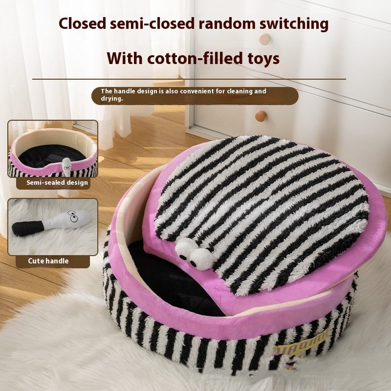 HKM-8486205 Striped 3-Piece Pet Cat Kennel Set - Ultra Soft, Free Size, Cozy Nest Variety