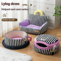 HKM-8486205 Striped 3-Piece Pet Cat Kennel Set - Ultra Soft, Free Size, Cozy Nest Variety