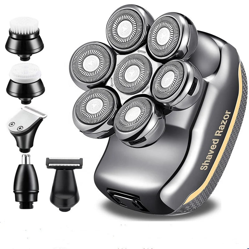 HKM-848787 7D Multifunctional Cordless Electric Head Shaver with Beard and Nose Trimmer, Rechargeable 6-in-1 Razor for Men