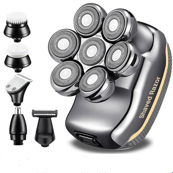 HKM-848787 7D Multifunctional Cordless Electric Head Shaver with Beard and Nose Trimmer, Rechargeable 6-in-1 Razor for Men