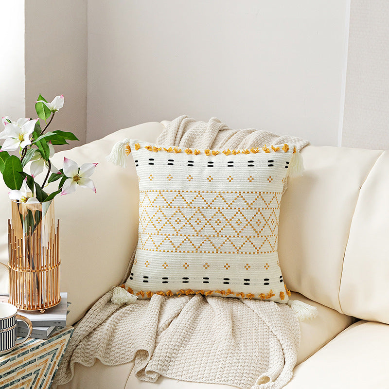 HKM-848851 Hand-Embroidered Cotton and Linen Tufted Throw Pillow with Fringed Design - 45x45cm and 30x50cm Options