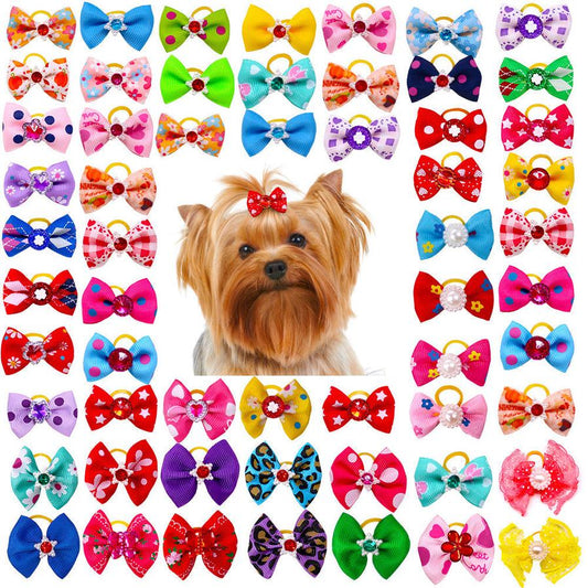 HKM-848851 Pet Hair Bow Accessories with Rubber Band for Dogs and Cats - Pack of 50 Floral Hair Scrunchies