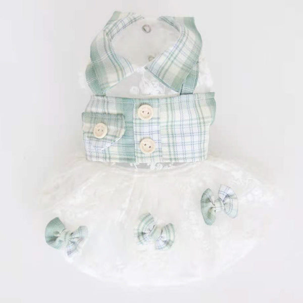 HKM-8489533 Mint Green Small Plaid Dress for Dogs - Faux Two-Piece Style, Size Options Available