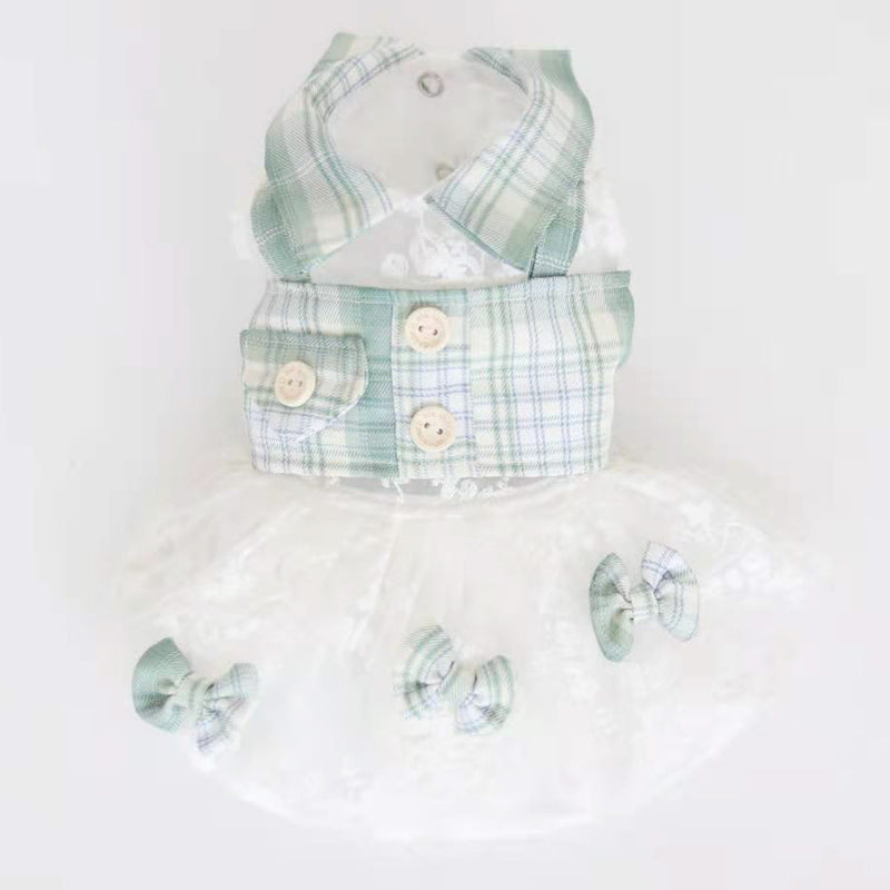 HKM-8489533 Mint Green Small Plaid Dress for Dogs - Faux Two-Piece Style, Size Options Available