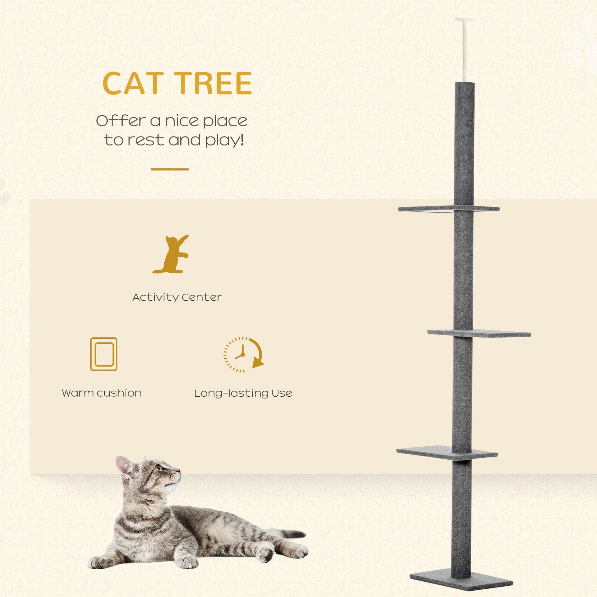 HKM-8491197 Floor-to-Ceiling Cat Tree Tower with 4 Platforms and Sisal-Covered Scratching Posts, Grey