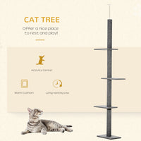 HKM-8491197 Floor-to-Ceiling Cat Tree Tower with 4 Platforms and Sisal-Covered Scratching Posts, Grey