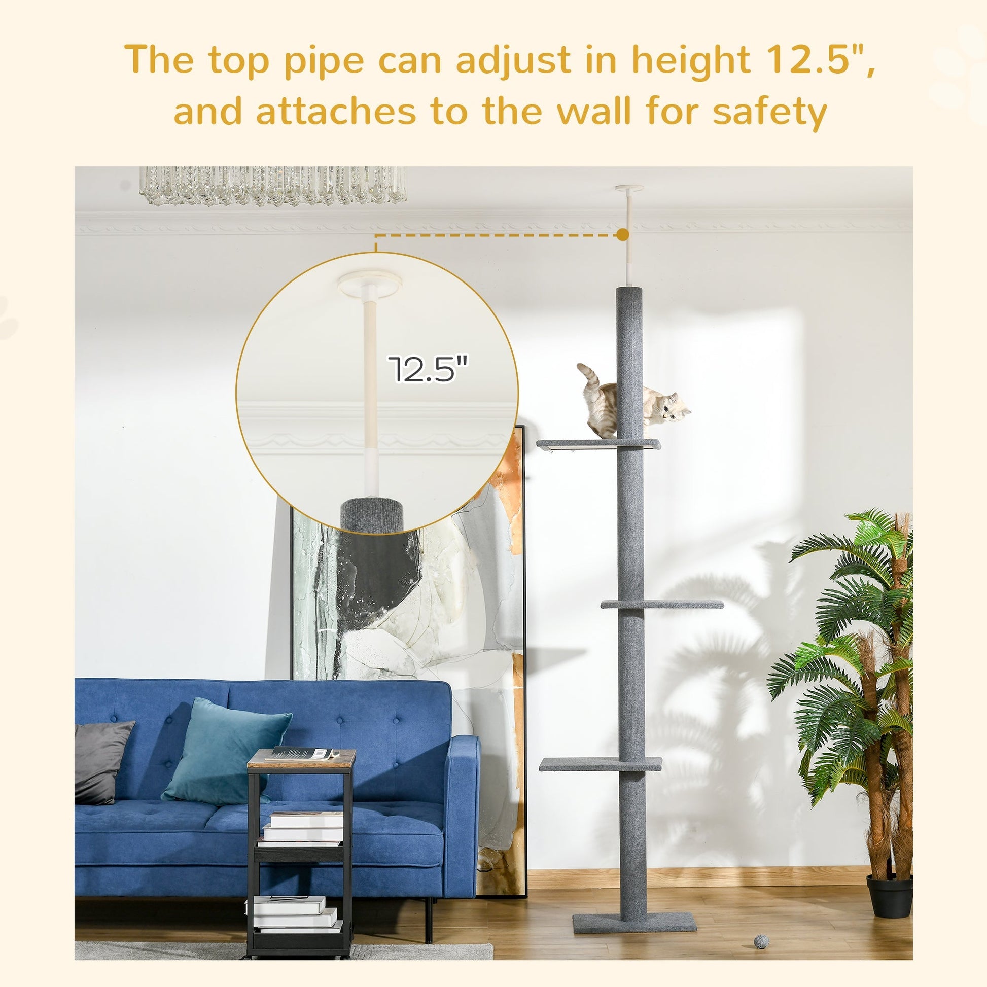 HKM-8491197 Floor-to-Ceiling Cat Tree Tower with 4 Platforms and Sisal-Covered Scratching Posts, Grey