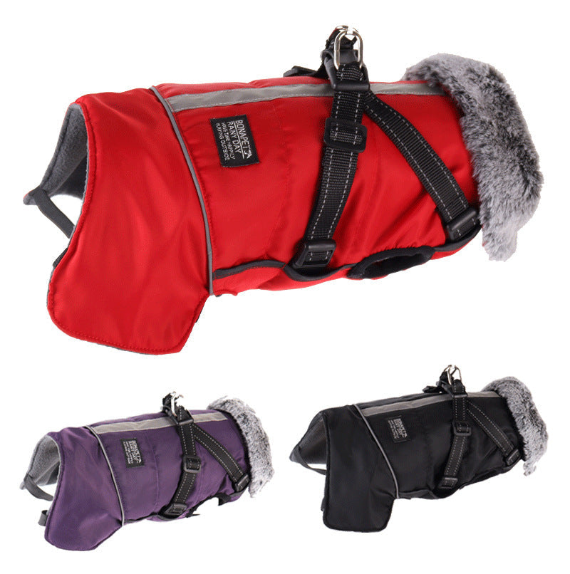HKM-8492349 Waterproof Reflective Pet Jacket with Removable Fur Collar and Detachable Chest Strap