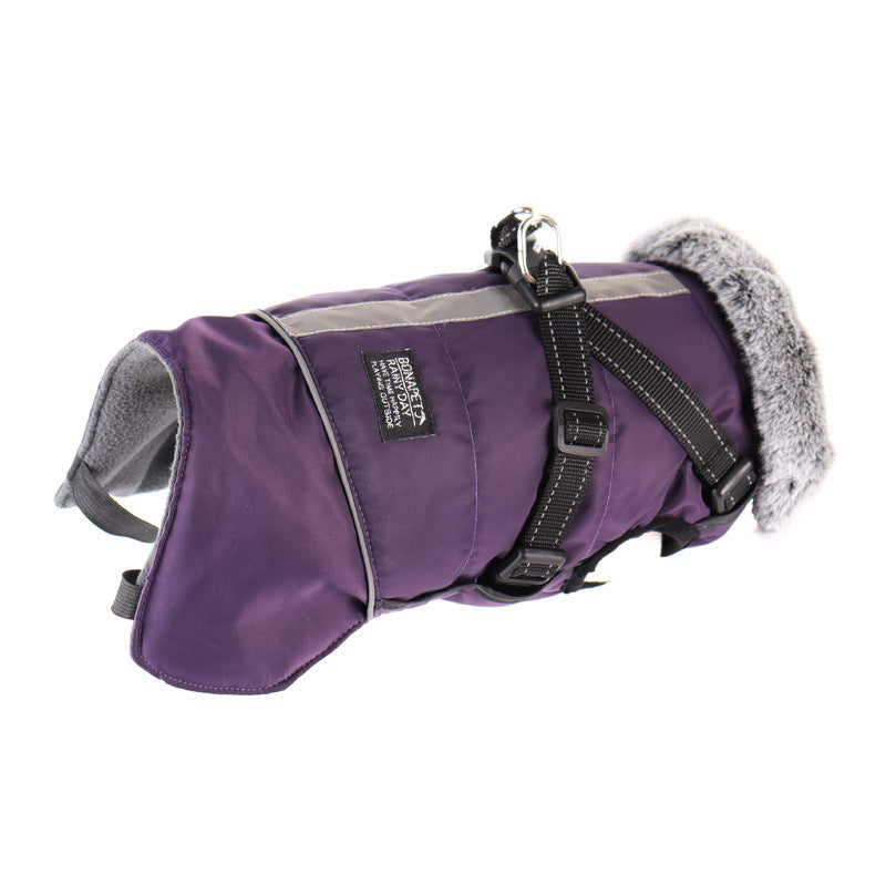 HKM-8492349 Waterproof Reflective Pet Jacket with Removable Fur Collar and Detachable Chest Strap