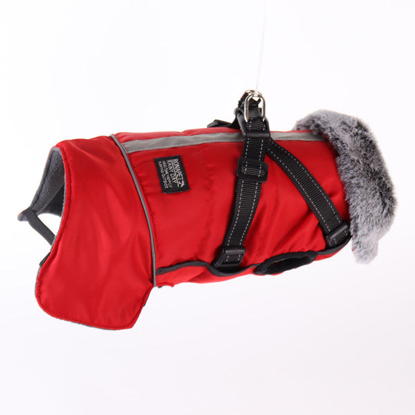 HKM-8492349 Waterproof Reflective Pet Jacket with Removable Fur Collar and Detachable Chest Strap