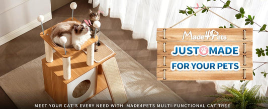 HKM-8493373 Multi-Functional Indoor Wooden Cat Tower with Climbing Frame, Scratching Board, and Cozy Condo for Cats and Kittens