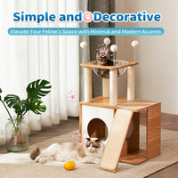 HKM-8493373 Multi-Functional Indoor Wooden Cat Tower with Climbing Frame, Scratching Board, and Cozy Condo for Cats and Kittens