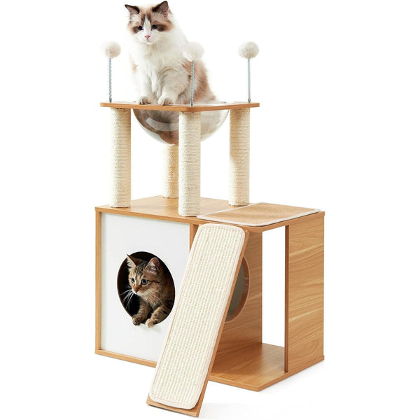 HKM-8493373 Multi-Functional Indoor Wooden Cat Tower with Climbing Frame, Scratching Board, and Cozy Condo for Cats and Kittens