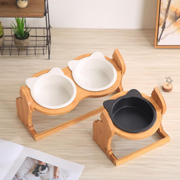 HKM-8493885 Ceramic Cat Food Bowl with Stand - Available in Single or Double Options