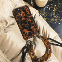 HKM-849491 Amber Leopard Diagonal Chain Phone Case Compatible with iPhone Models 7/8/SE 2020, 7Plus/8Plus, X/XS, XR, XSMax, 11, 11Pro, 11ProMax, 12Mini, 12, 12Pro, 12ProMax
