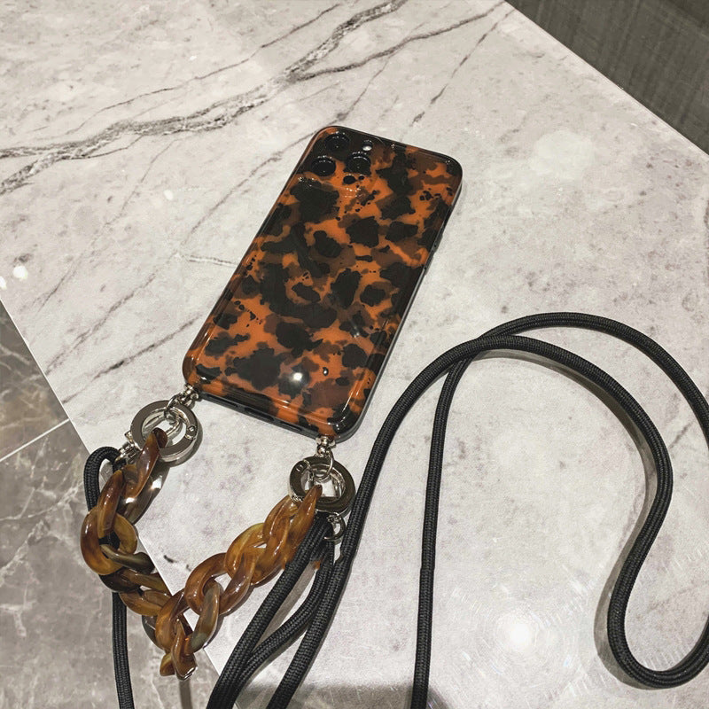 HKM-849491 Amber Leopard Diagonal Chain Phone Case Compatible with iPhone Models 7/8/SE 2020, 7Plus/8Plus, X/XS, XR, XSMax, 11, 11Pro, 11ProMax, 12Mini, 12, 12Pro, 12ProMax