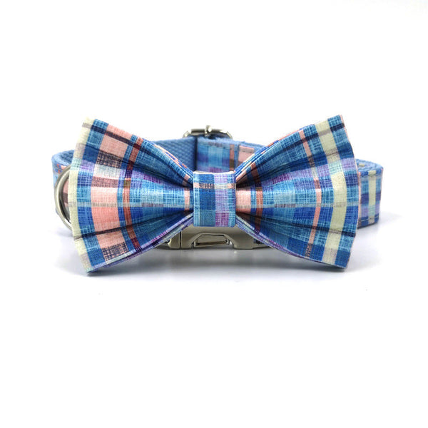 HKM-8495677 Plaid Bow Dog Collar - Adjustable Cloth Pet Accessory in Multiple Sizes