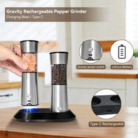 HKM-850323 Rechargeable Electric Salt and Pepper Grinder Set with Adjustable Coarseness and Charging Base, 2-Pack Automatic Kitchen Mills