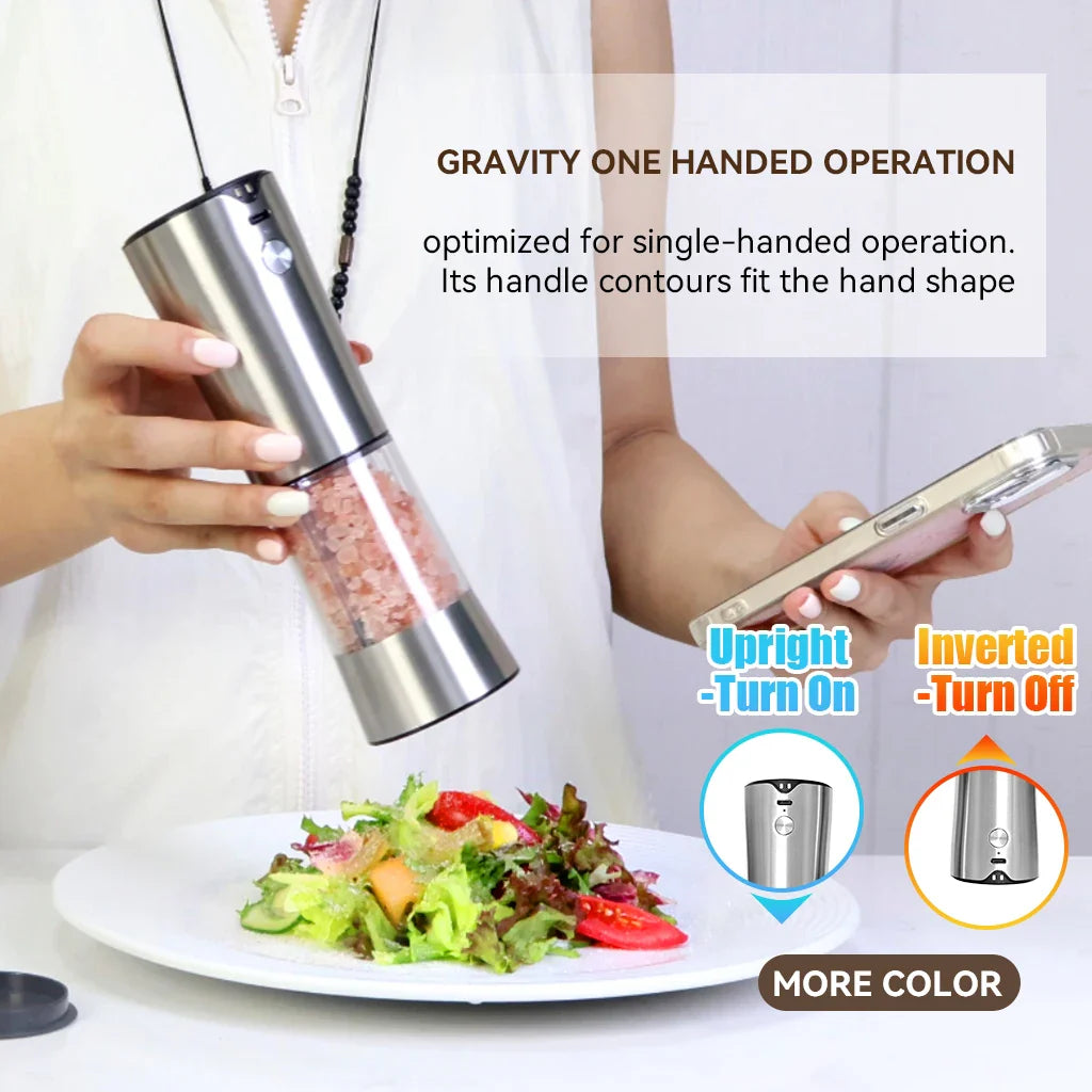 HKM-850323 Rechargeable Electric Salt and Pepper Grinder Set with Adjustable Coarseness and Charging Base, 2-Pack Automatic Kitchen Mills