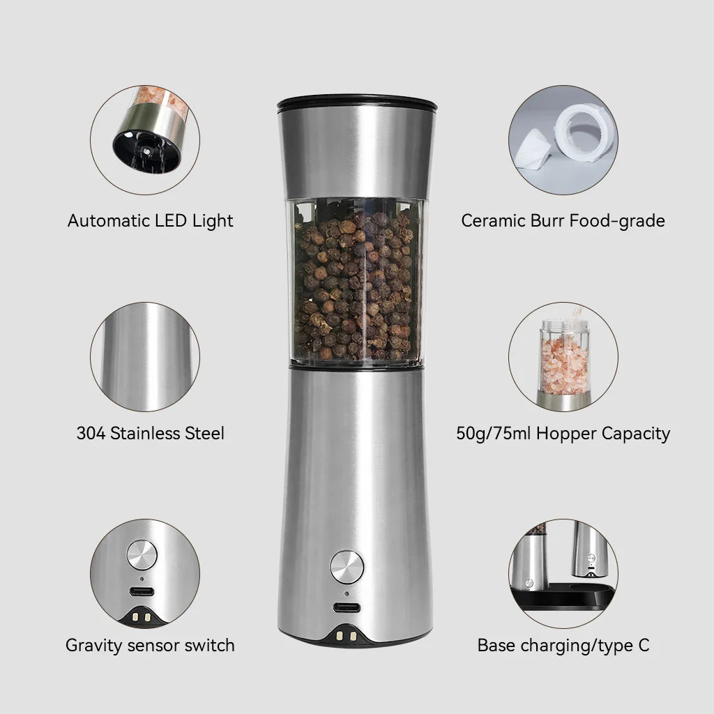 HKM-850323 Rechargeable Electric Salt and Pepper Grinder Set with Adjustable Coarseness and Charging Base, 2-Pack Automatic Kitchen Mills