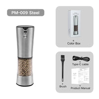 HKM-850323 Rechargeable Electric Salt and Pepper Grinder Set with Adjustable Coarseness and Charging Base, 2-Pack Automatic Kitchen Mills