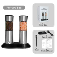 HKM-850323 Rechargeable Electric Salt and Pepper Grinder Set with Adjustable Coarseness and Charging Base, 2-Pack Automatic Kitchen Mills