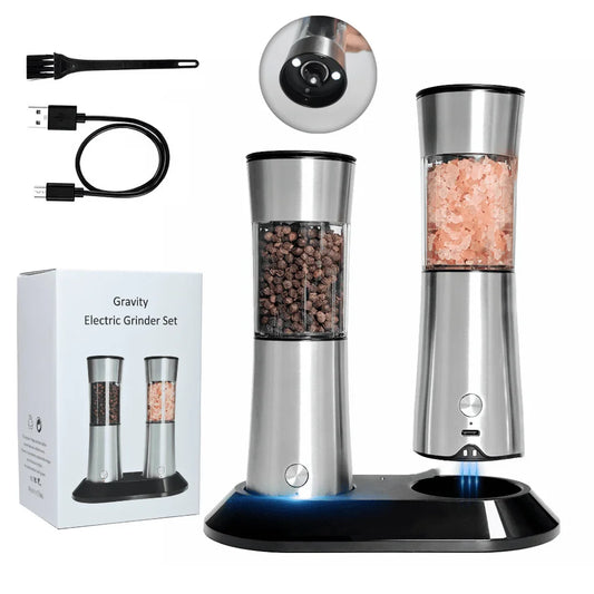 HKM-850323 Rechargeable Electric Salt and Pepper Grinder Set with Adjustable Coarseness and Charging Base, 2-Pack Automatic Kitchen Mills