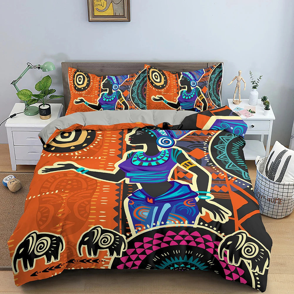 HKM-850771 African-Inspired Digital Print Three-Piece Bedding Set with Duvet Cover and Pillowcases