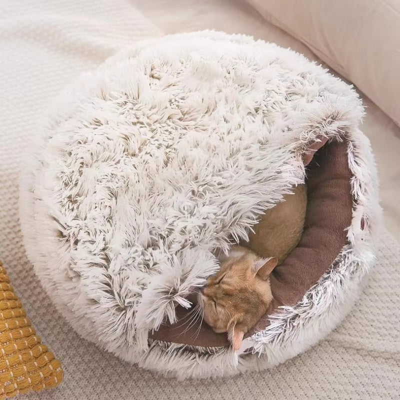 HKM-8509245 Cozy Plush Round Cat Bed and Sleep Bag for Cats and Small Dogs, Multiple Sizes Available