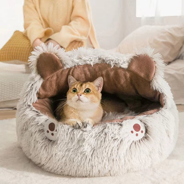 HKM-8509245 Cozy Plush Round Cat Bed and Sleep Bag for Cats and Small Dogs, Multiple Sizes Available