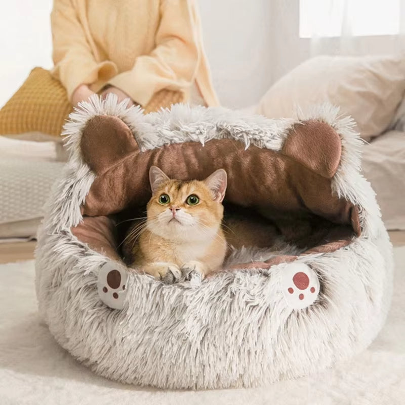 HKM-8509245 Cozy Plush Round Cat Bed and Sleep Bag for Cats and Small Dogs, Multiple Sizes Available