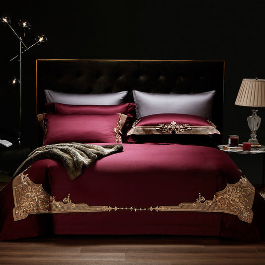 HKM-851539 Luxury Burgundy Four-Piece Wedding Bed Set with Satin Weaving and Cotton Fabric