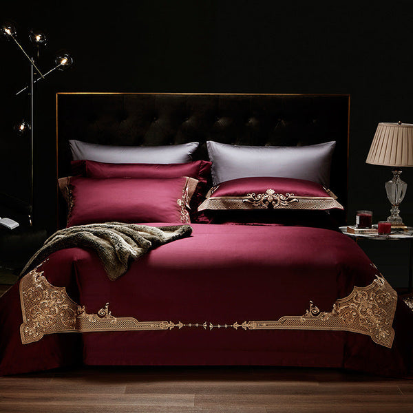 HKM-851539 Luxury Burgundy Four-Piece Wedding Bed Set with Satin Weaving and Cotton Fabric
