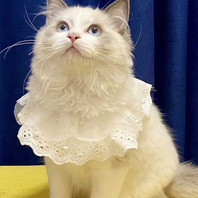 HKM-8517309 Lace Edge Bib Accessories for Cats and Dogs - Adjustable Saliva Towel with Loose Pearl Design